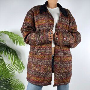 Vintage 90s Brown Silk Abstract Fairy Grunge Boho Quilted Oversized Jacket / L